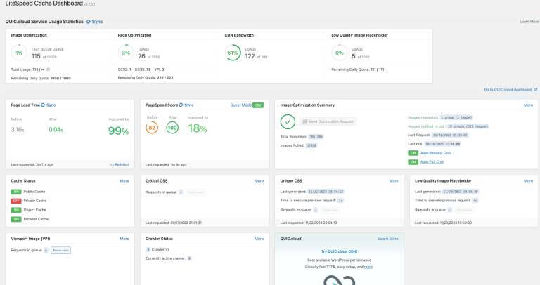 The LSCache Dashboard, showing an overview of the performance of my Ideal LiteSpeed Cache Settings for websites that use Elementor.