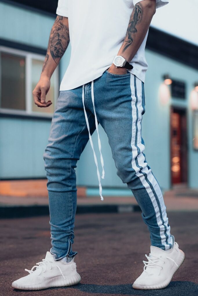 Hoodstore (now PRSTGE) former Double Striped Track Jeans V1 in Blue and White.