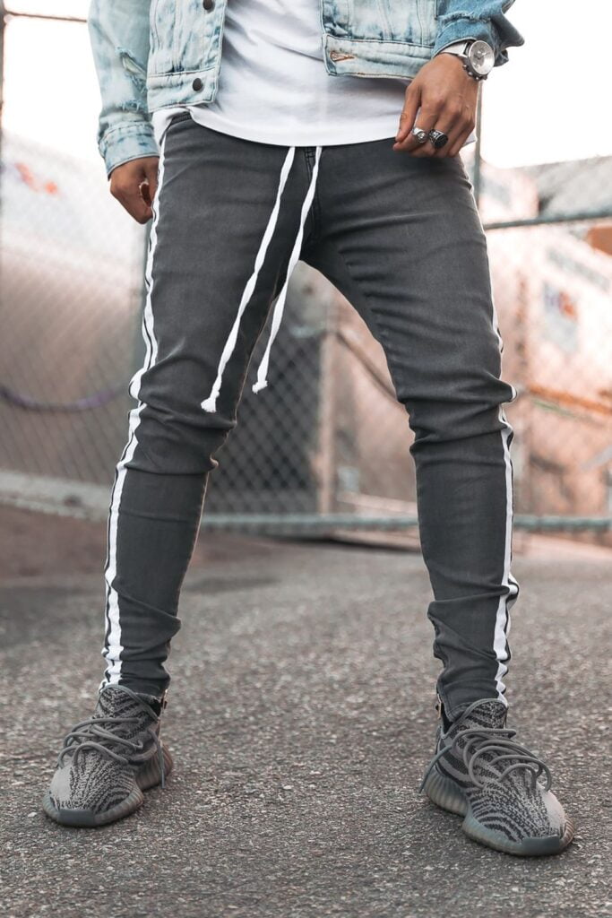 Hoodstore (now PRSTGE) former Double Striped Track Jeans V1 in Grey and White