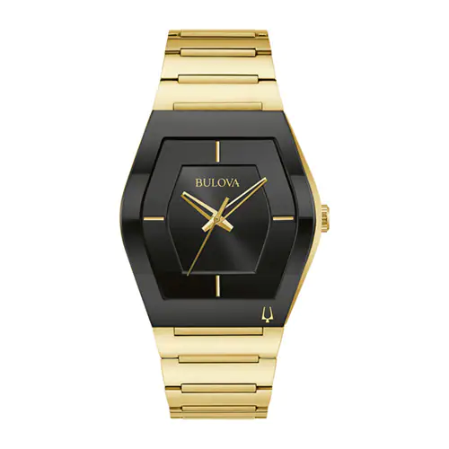 Tyler Jurelle suggests the 40mm Men's Bulova Futuro Watch with Black Dial and Yellow Gold-tone Bracelet for its sophisticated flair.