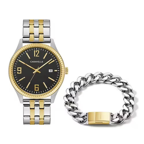 Tyler Jurelle highlights the 41mm Men's Caravelle Watch and Bracelet Box Set with a Black Dial and Two-Tone Bracelet for its sophisticated style.