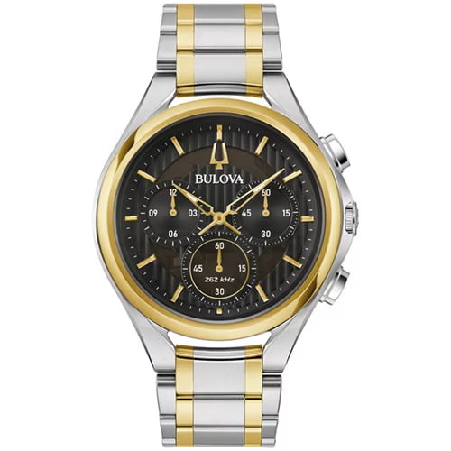 Tyler Jurelle recommends the 44mm Men's Bulova Curv Chronograph Watch with a Black Dial and Two-Tone Bracelet for a sophisticated look.