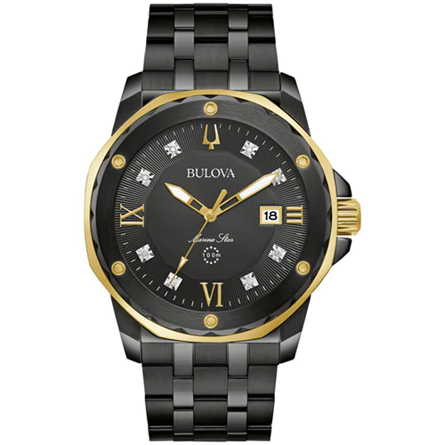 The 44mm Men's Bulova Marine Star Watch with Black Dial and Black Bracelet, praised by Tyler Jurelle for its elegant design.