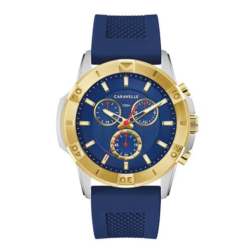 44mm Men's Caravelle Aqualuxx Watch with a Blue Dial and Blue Strap, recommended by Tyler Jurelle for its elegant design.