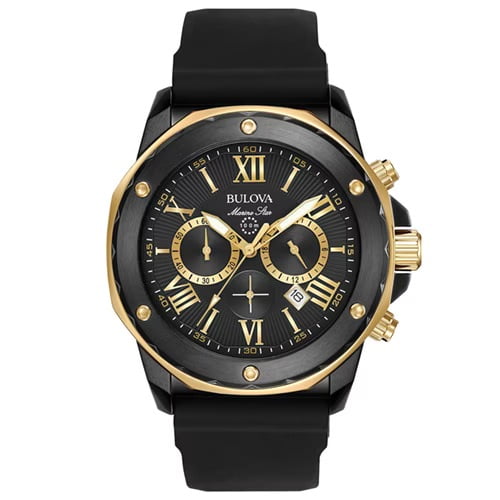 Men's Bulova Marine Star Chronograph Watch with a Black Dial and Black Strap, endorsed by Tyler Jurelle for its refined style.