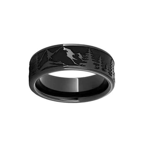 Men's Laser Etched Mountain Pine Band in Black Ceramic