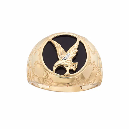 Fred Meyer Jewelers' Men's Onyx Eagle Ring in 10K Yellow Gold, a top choice by men's fashion expert Tyler Jurelle.