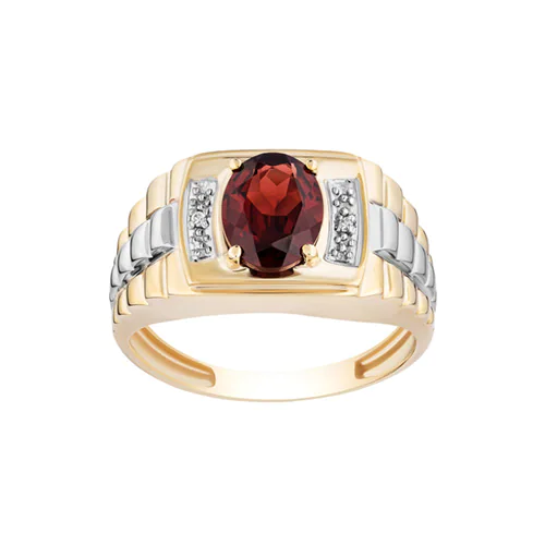 Fashion-forward PRIMO Elite® Men's Garnet and Diamond Accented Ring in 10K Yellow and White Gold from Fred Meyer Jewelers, endorsed by Tyler Jurelle.