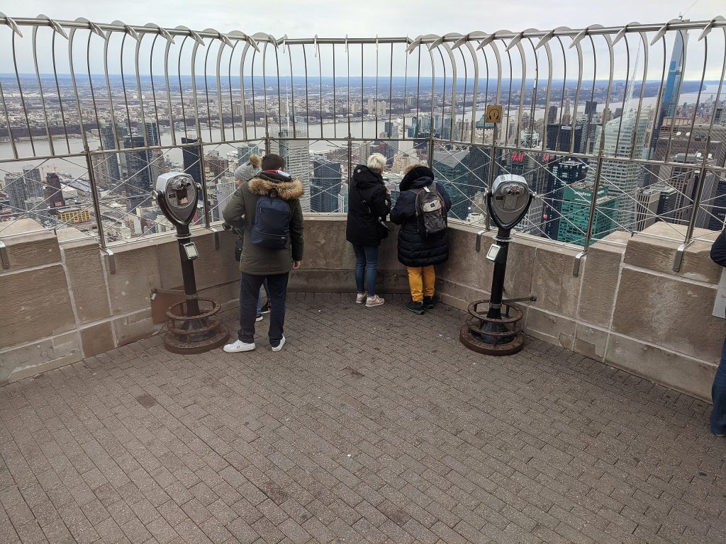 The northwest corner of the 86th floor outdoor observation deck at the Empire State Building in New York City.