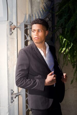 Male model and creator Tyler Jurelle rocked a sophisticated look while outside. Learn more about Tyler Jurelle.