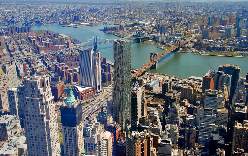 Lower Manhattan, Brooklyn Bridge, Manhattan Bridge and Brooklyn view from One World Observatory.