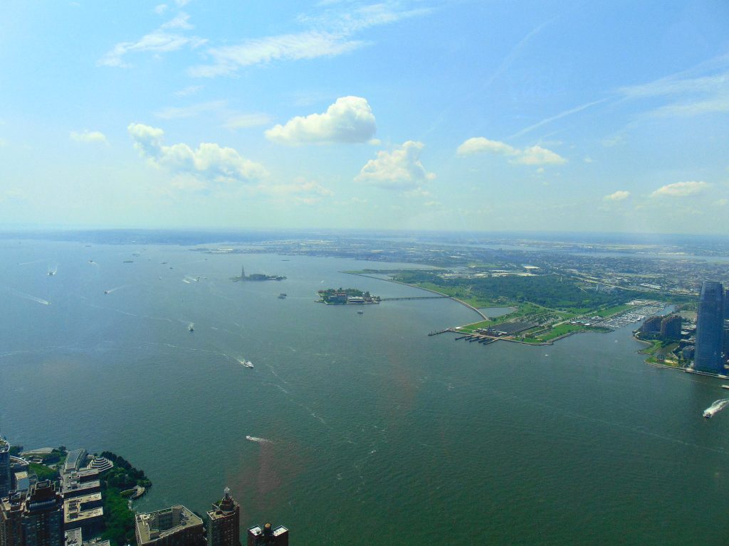 New York Harbor view from One World Observatory.