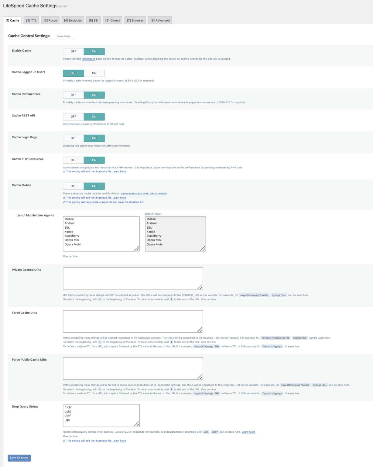Tyler's LiteSpeed Cache Control settings