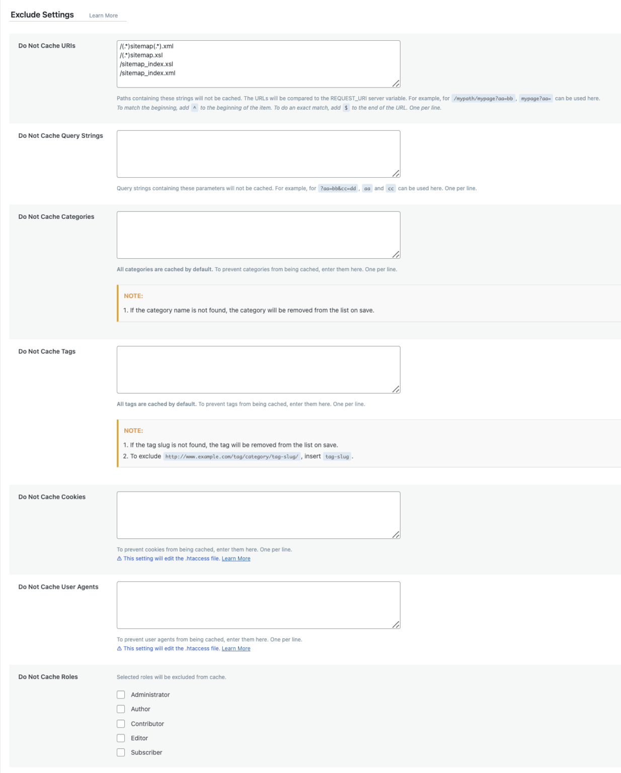 LiteSpeed Cache Exclude settings tab