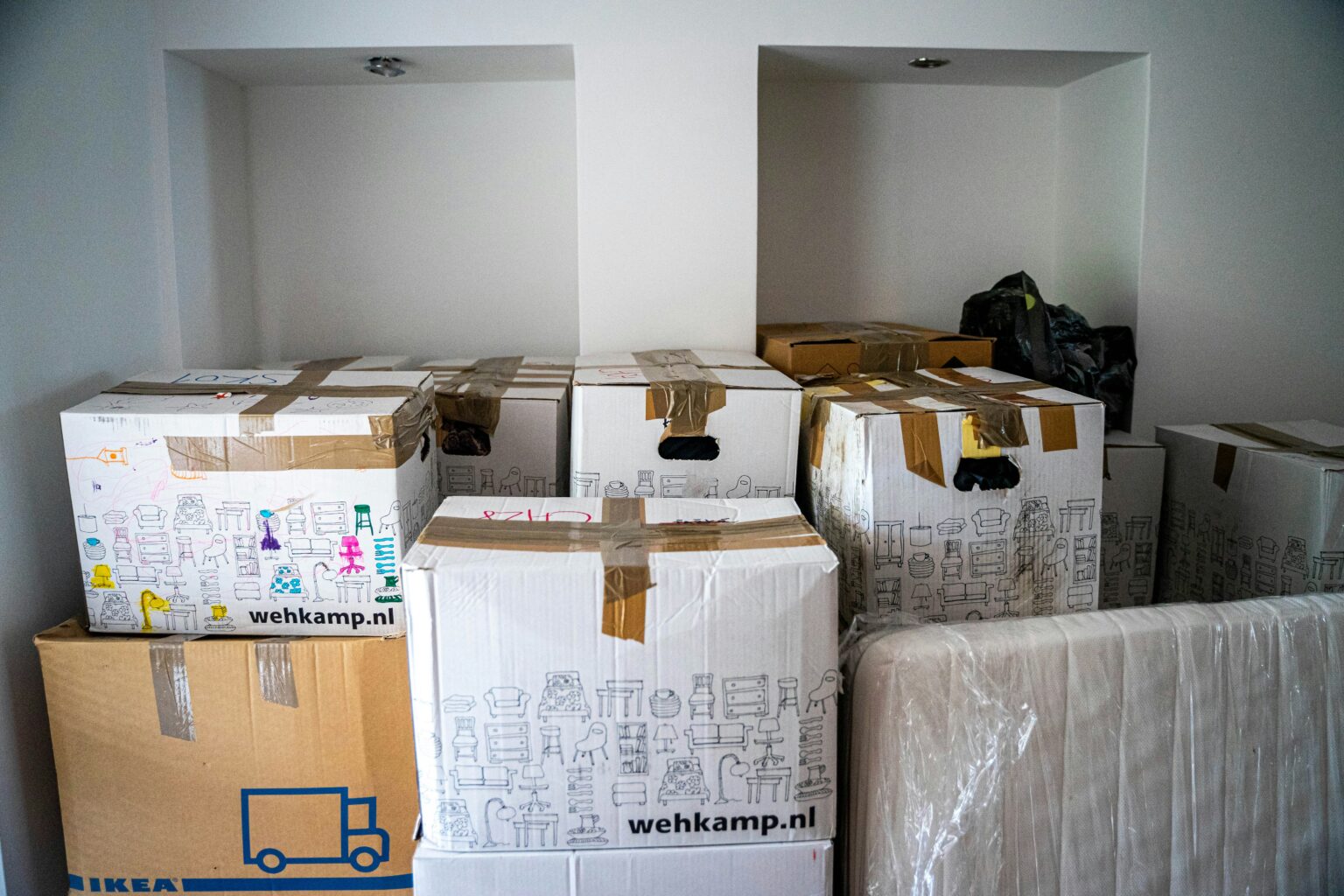 A room filled with packed boxes.